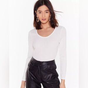 Nasty Gal Action Talks White Ribbed Long Sleeve Bodysuit